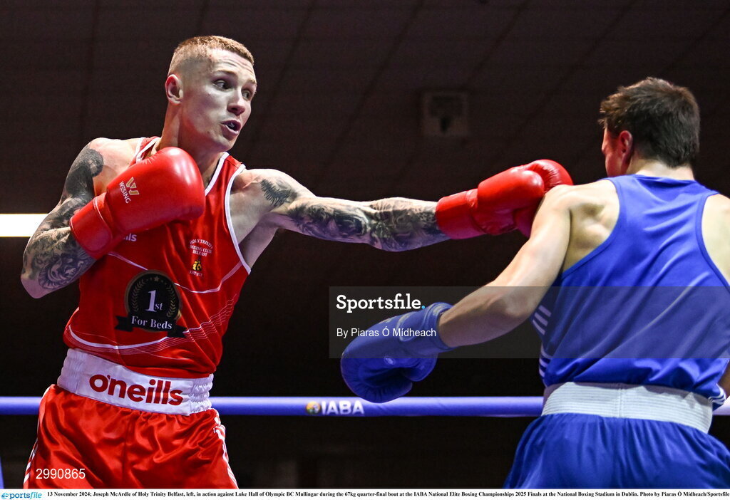 13 November 2024; Joseph McArdle of Holy Trinity Belfast, left, in action against Luke Hall of Olympic BC Mullingar during the 67kg quarter-final bout at the IABA National Elite Boxing Championships 2025 Finals at the National Boxing Stadium in Dublin. Photo by Piaras Ó Mídheach/Sportsfile