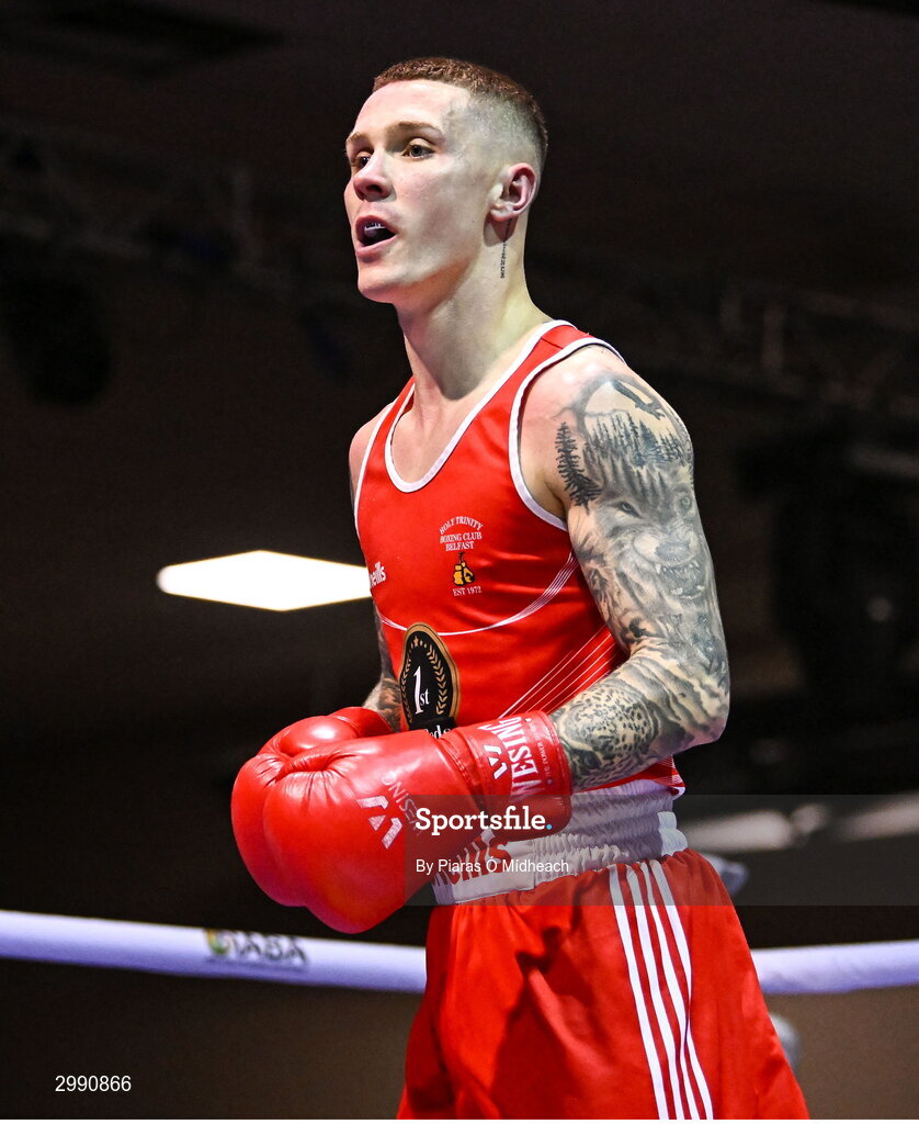 13 November 2024; Joseph McArdle of Holy Trinity Belfast in action against Luke Hall of Olympic BC Mullingar during their 67kg quarter-final bout at the IABA National Elite Boxing Championships 2025 Finals at the National Boxing Stadium in Dublin. Photo by Piaras Ó Mídheach/Sportsfile
