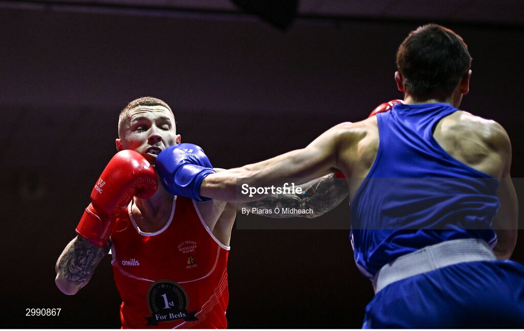 13 November 2024; Joseph McArdle of Holy Trinity Belfast, left, in action against Luke Hall of Olympic BC Mullingar during the 67kg quarter-final bout at the IABA National Elite Boxing Championships 2025 Finals at the National Boxing Stadium in Dublin. Photo by Piaras Ó Mídheach/Sportsfile