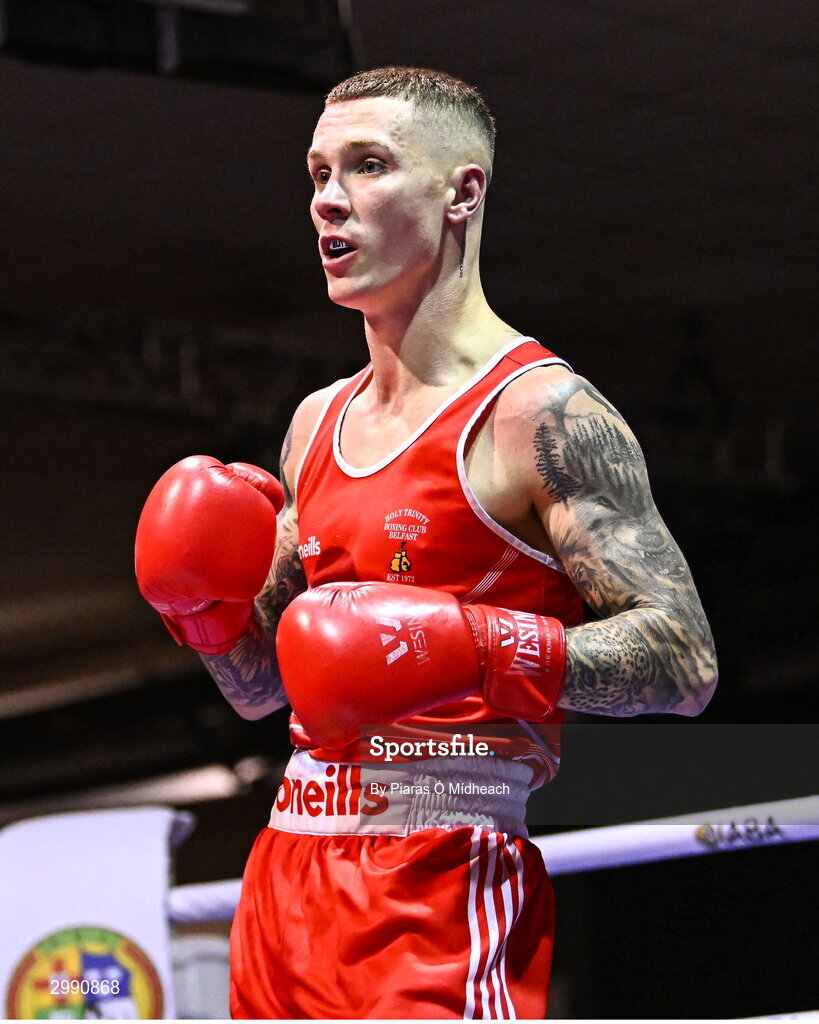 13 November 2024; Joseph McArdle of Holy Trinity Belfast in action against Luke Hall of Olympic BC Mullingar during their 67kg quarter-final bout at the IABA National Elite Boxing Championships 2025 Finals at the National Boxing Stadium in Dublin. Photo by Piaras Ó Mídheach/Sportsfile