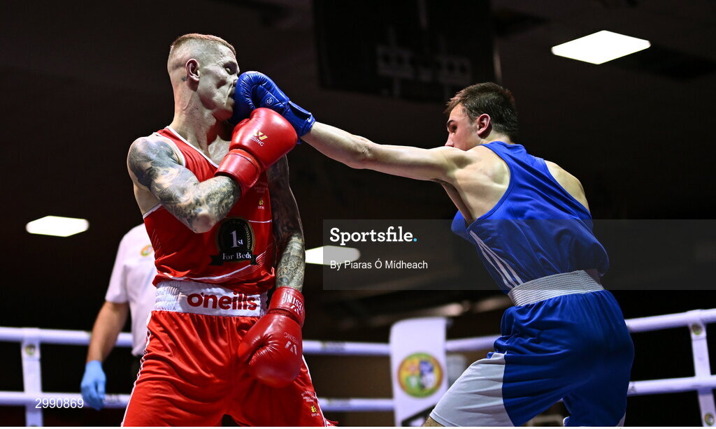 13 November 2024; Joseph McArdle of Holy Trinity Belfast, left, in action against Luke Hall of Olympic BC Mullingar during the 67kg quarter-final bout at the IABA National Elite Boxing Championships 2025 Finals at the National Boxing Stadium in Dublin. Photo by Piaras Ó Mídheach/Sportsfile