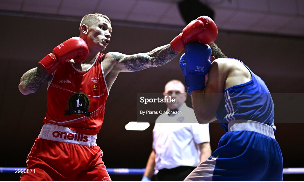 13 November 2024; Joseph McArdle of Holy Trinity Belfast, left, in action against Luke Hall of Olympic BC Mullingar during the 67kg quarter-final bout at the IABA National Elite Boxing Championships 2025 Finals at the National Boxing Stadium in Dublin. Photo by Piaras Ó Mídheach/Sportsfile