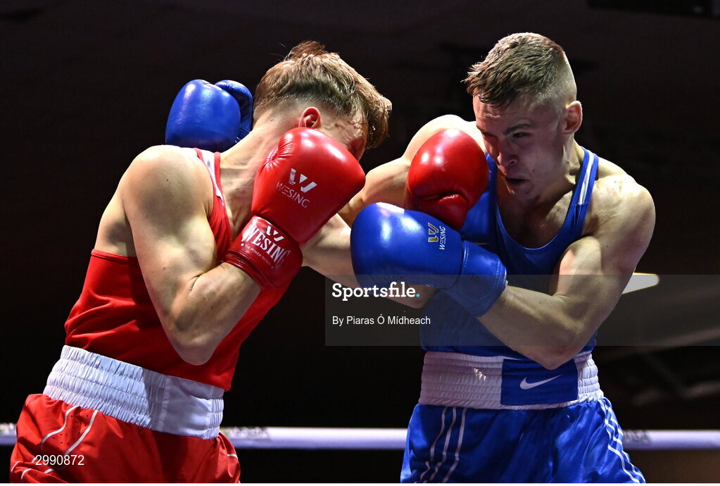 13 November 2024; Conor McCrory of Townland BC Antrim, left, in action against Darren O’Connor of Olympic BC Galway during the 67kg quarter-final bout at the IABA National Elite Boxing Championships 2025 Finals at the National Boxing Stadium in Dublin. Photo by Piaras Ó Mídheach/Sportsfile