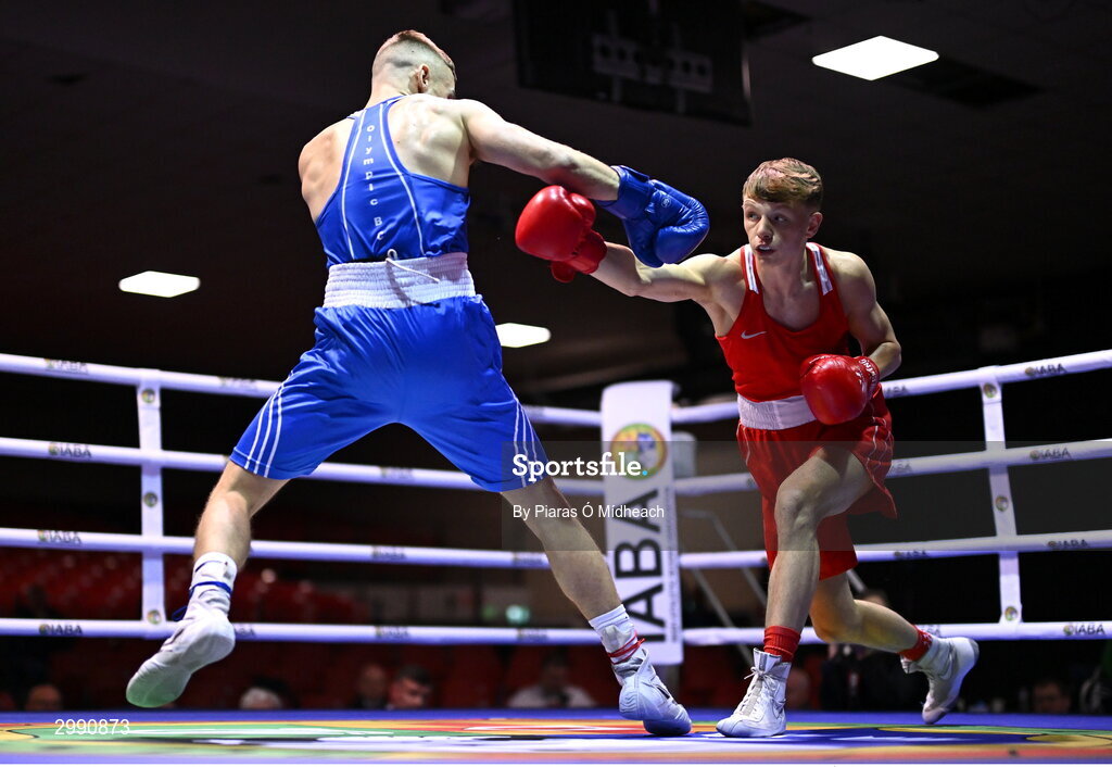 13 November 2024; Conor McCrory of Townland BC Antrim, right, in action against Darren O’Connor of Olympic BC Galway during the 67kg quarter-final bout at the IABA National Elite Boxing Championships 2025 Finals at the National Boxing Stadium in Dublin. Photo by Piaras Ó Mídheach/Sportsfile