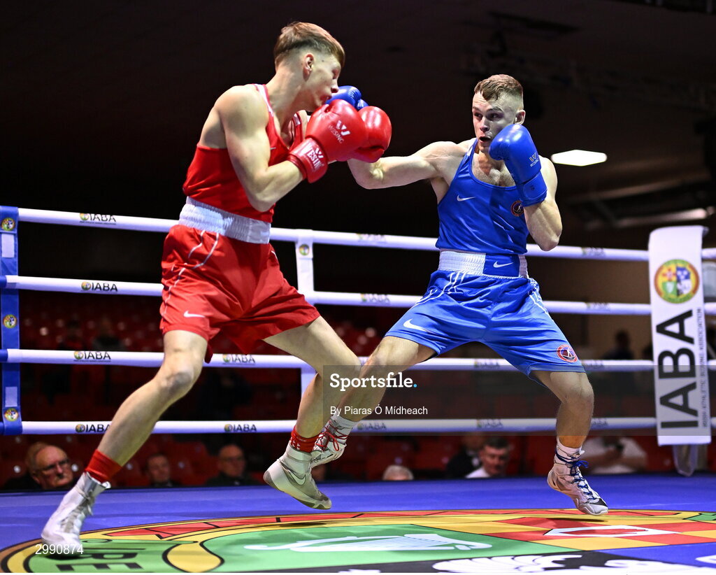 13 November 2024; Conor McCrory of Townland BC Antrim, left, in action against Darren O’Connor of Olympic BC Galway during the 67kg quarter-final bout at the IABA National Elite Boxing Championships 2025 Finals at the National Boxing Stadium in Dublin. Photo by Piaras Ó Mídheach/Sportsfile