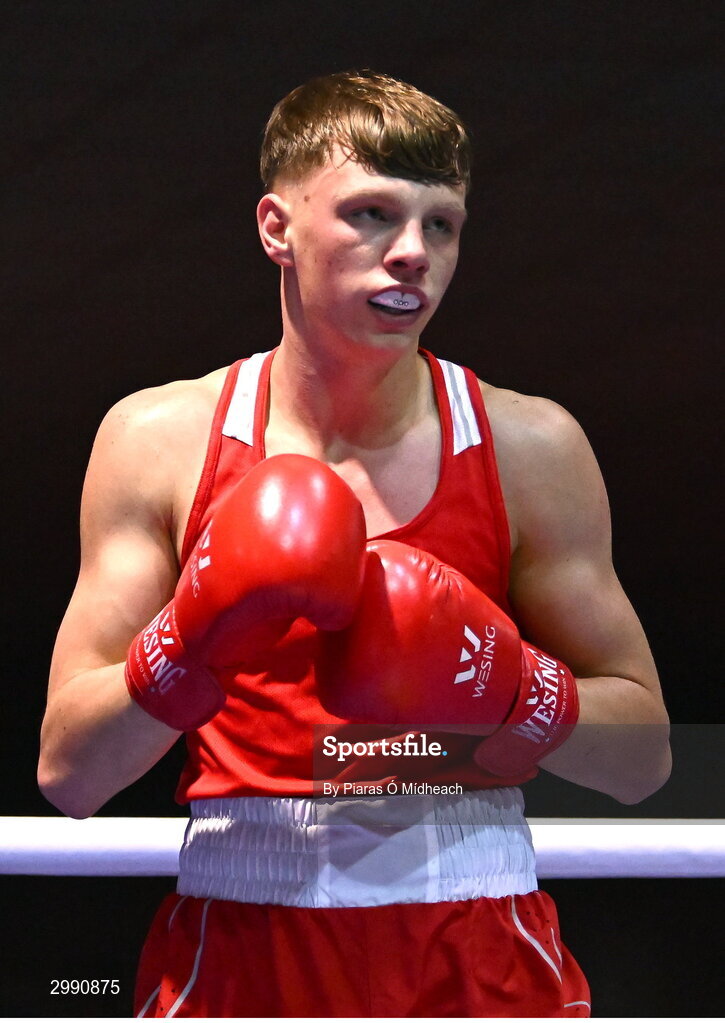 13 November 2024; Conor McCrory of Townland BC Antrim in action against Darren O’Connor of Olympic BC Galway during the 67kg quarter-final bout at the IABA National Elite Boxing Championships 2025 Finals at the National Boxing Stadium in Dublin. Photo by Piaras Ó Mídheach/Sportsfile