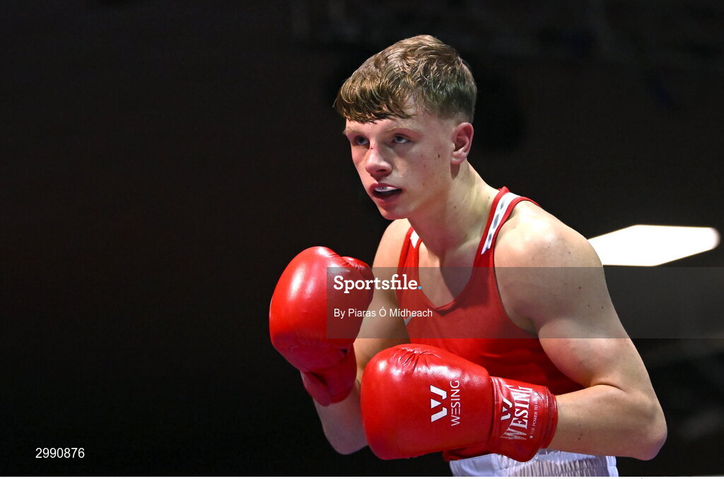 13 November 2024; Conor McCrory of Townland BC Antrim in action against Darren O’Connor of Olympic BC Galway during the 67kg quarter-final bout at the IABA National Elite Boxing Championships 2025 Finals at the National Boxing Stadium in Dublin. Photo by Piaras Ó Mídheach/Sportsfile