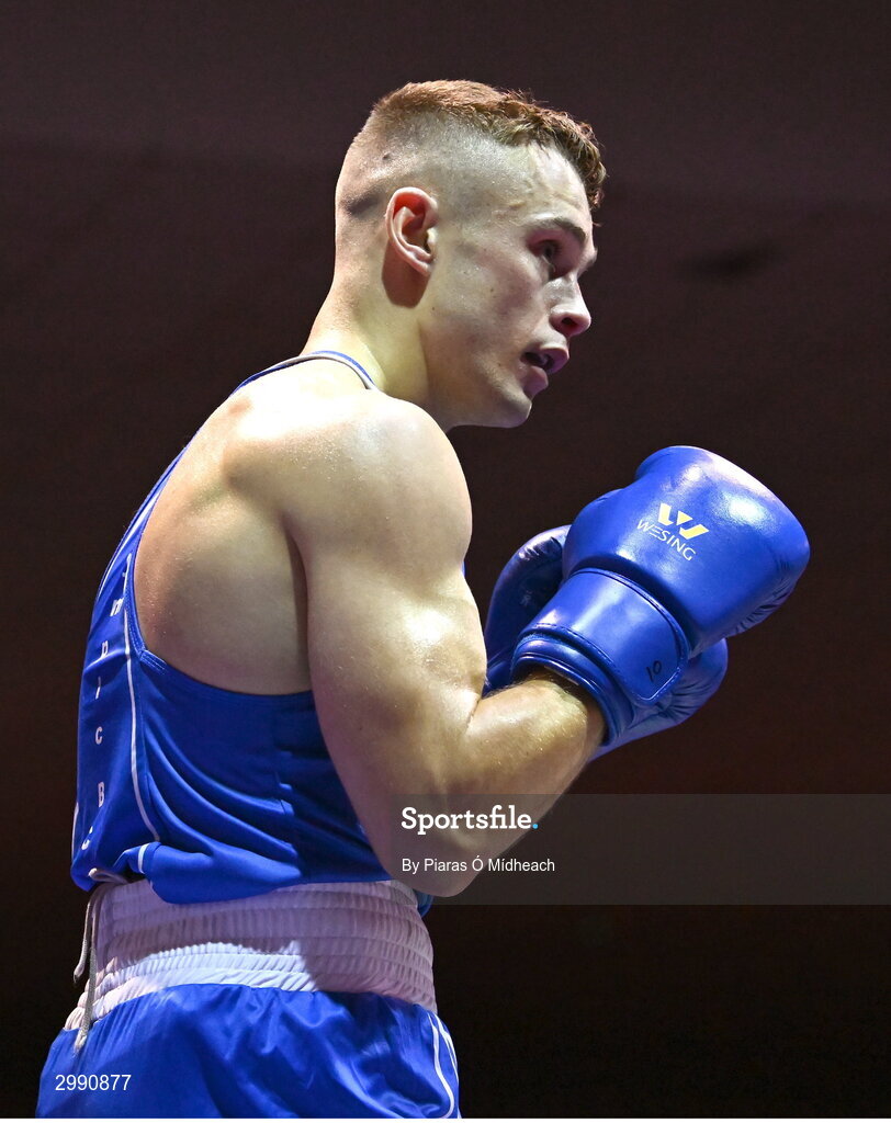 13 November 2024; Darren O’Connor of Olympic BC Galway in action against Conor McCrory of Townland BC Antrim during the 67kg quarter-final bout at the IABA National Elite Boxing Championships 2025 Finals at the National Boxing Stadium in Dublin. Photo by Piaras Ó Mídheach/Sportsfile