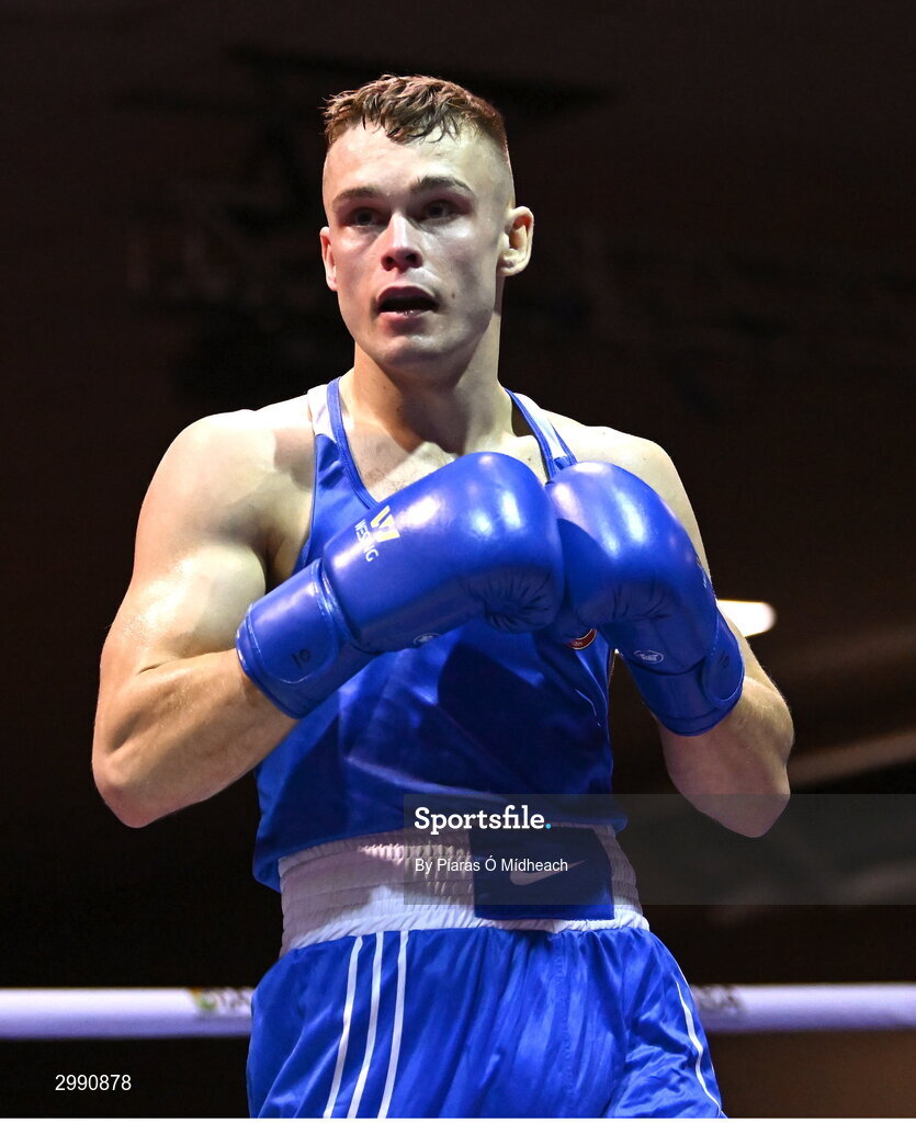 13 November 2024; Darren O’Connor of Olympic BC Galway in action against Conor McCrory of Townland BC Antrim during the 67kg quarter-final bout at the IABA National Elite Boxing Championships 2025 Finals at the National Boxing Stadium in Dublin. Photo by Piaras Ó Mídheach/Sportsfile
