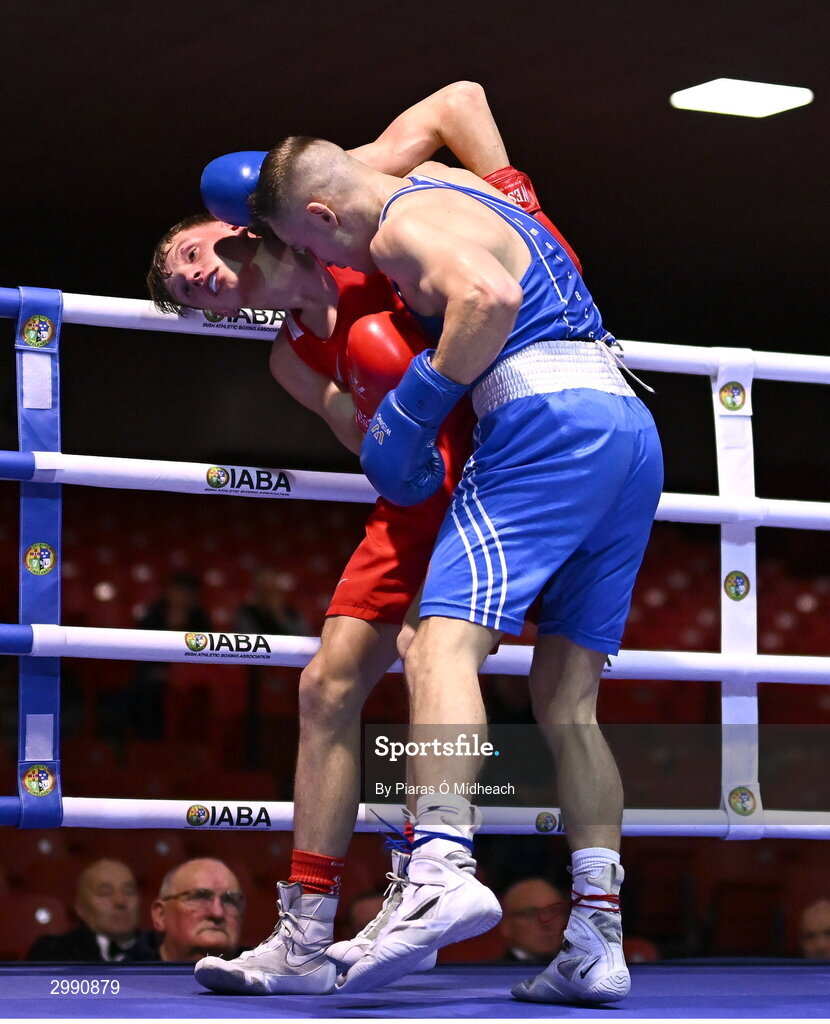 13 November 2024; Darren O’Connor of Olympic BC Galway, right, in action against Conor McCrory of Townland BC Antrim during the 67kg quarter-final bout at the IABA National Elite Boxing Championships 2025 Finals at the National Boxing Stadium in Dublin. Photo by Piaras Ó Mídheach/Sportsfile