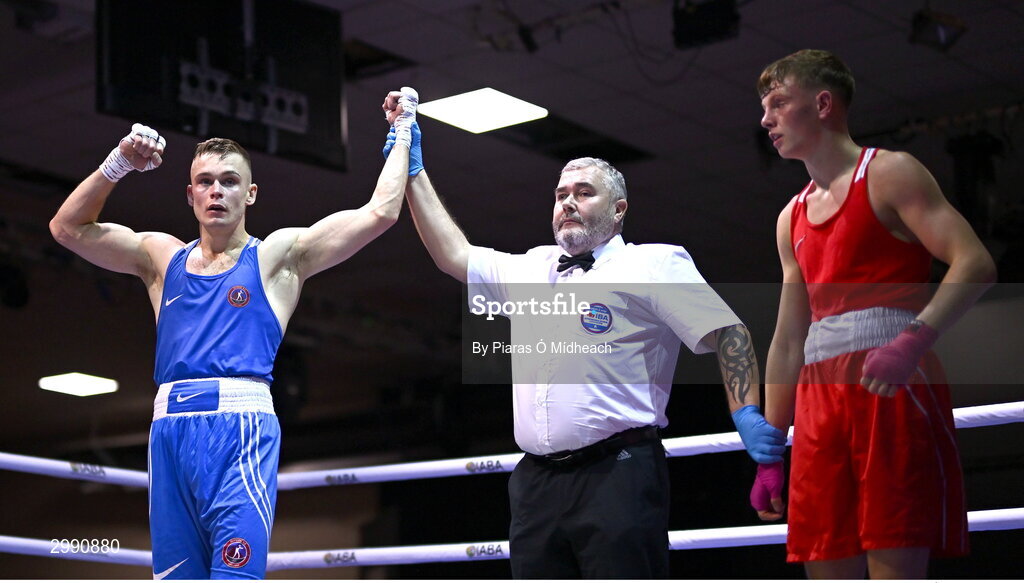 13 November 2024; Darren O’Connor of Olympic BC Galway, left, is declared the winner over Conor McCrory of Townland BC Antrim after the 67kg quarter-final bout at the IABA National Elite Boxing Championships 2025 Finals at the National Boxing Stadium in Dublin. Photo by Piaras Ó Mídheach/Sportsfile