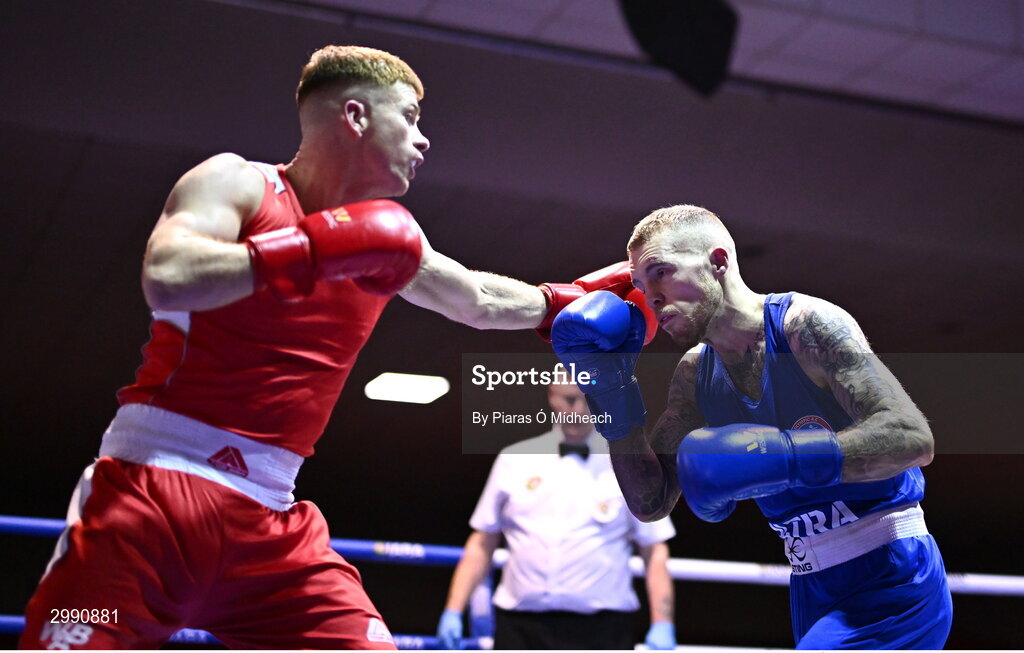 13 November 2024; James McDonagh of St Paul's BC Waterford, left, in action against Damien Creavin of Olympic BC Galway during the 67kg quarter-final bout at the IABA National Elite Boxing Championships 2025 Finals at the National Boxing Stadium in Dublin. Photo by Piaras Ó Mídheach/Sportsfile