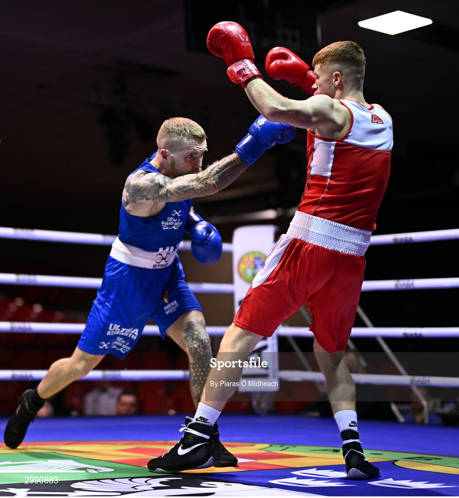 13 November 2024; Damien Creavin of Olympic BC Galway, left, in action against James McDonagh of St Paul's BC Waterford during the 67kg quarter-final bout at the IABA National Elite Boxing Championships 2025 Finals at the National Boxing Stadium in Dublin. Photo by Piaras Ó Mídheach/Sportsfile
