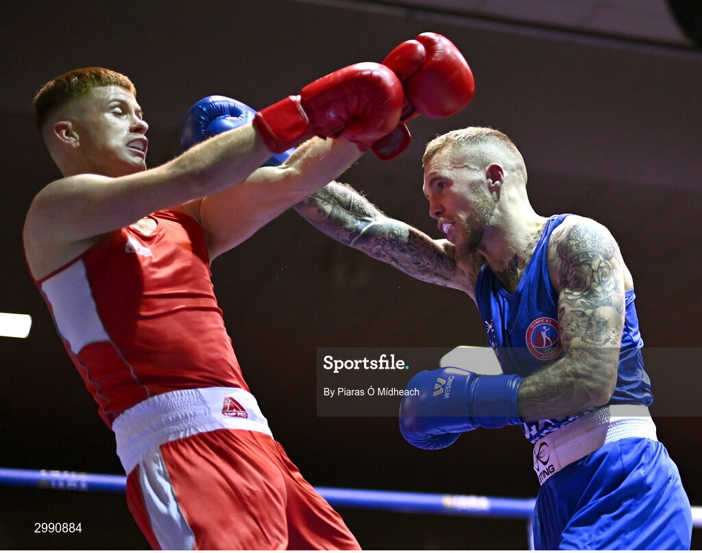 13 November 2024; Damien Creavin of Olympic BC Galway, right, in action against James McDonagh of St Paul's BC Waterford during the 67kg quarter-final bout at the IABA National Elite Boxing Championships 2025 Finals at the National Boxing Stadium in Dublin. Photo by Piaras Ó Mídheach/Sportsfile
