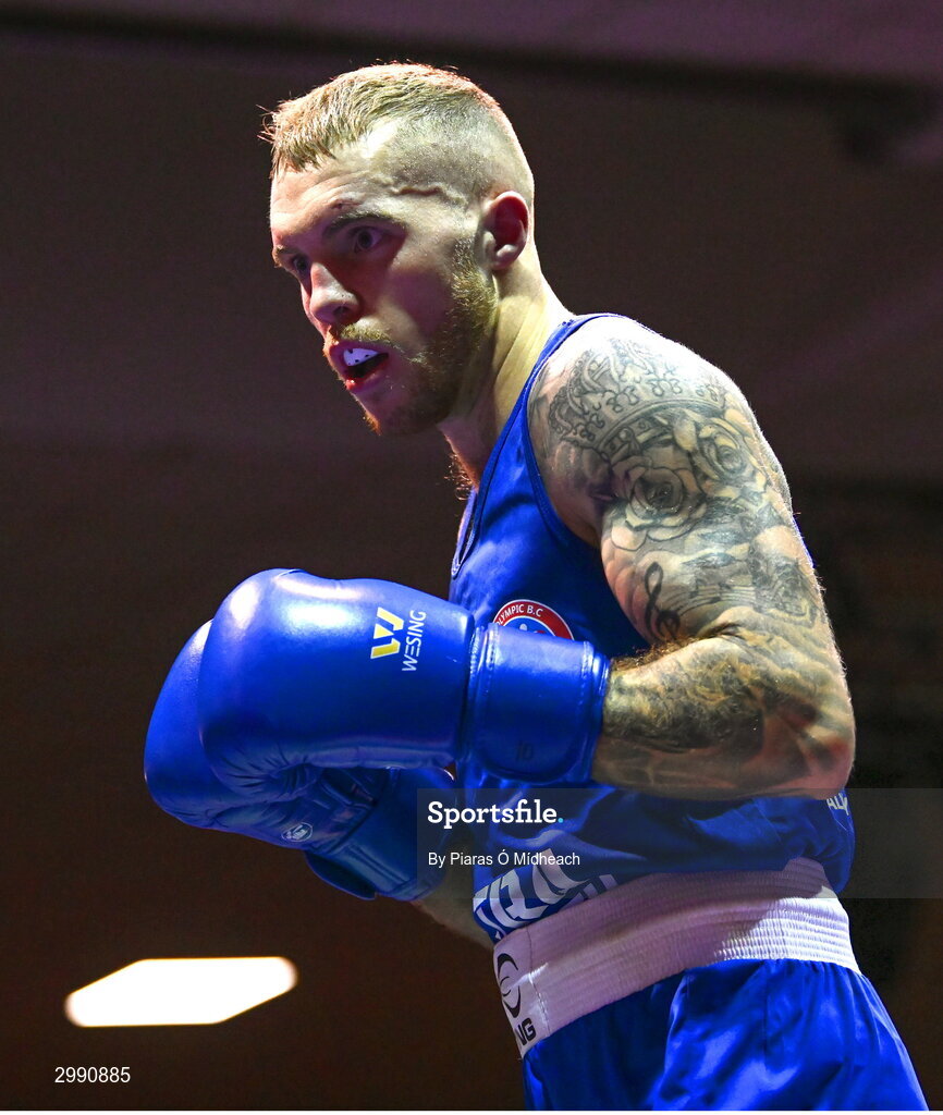 13 November 2024; Damien Creavin of Olympic BC Galway in action against James McDonagh of St Paul's BC Waterford during the 67kg quarter-final bout at the IABA National Elite Boxing Championships 2025 Finals at the National Boxing Stadium in Dublin. Photo by Piaras Ó Mídheach/Sportsfile