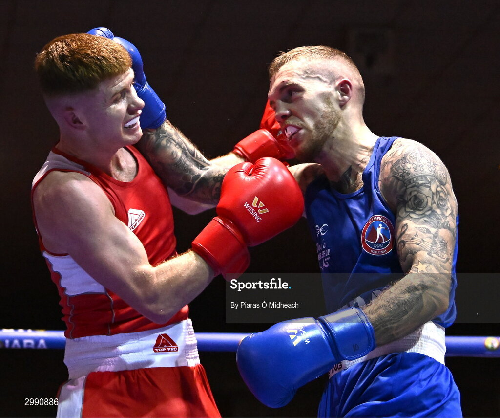 13 November 2024; Damien Creavin of Olympic BC Galway, right, in action against James McDonagh of St Paul's BC Waterford during the 67kg quarter-final bout at the IABA National Elite Boxing Championships 2025 Finals at the National Boxing Stadium in Dublin. Photo by Piaras Ó Mídheach/Sportsfile