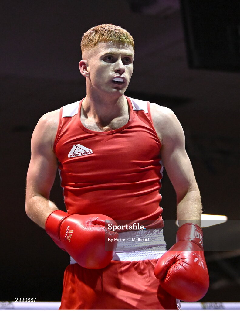 13 November 2024; James McDonagh of St Paul's BC Waterford in action against Damien Creavin of Olympic BC Galway during the 67kg quarter-final bout at the IABA National Elite Boxing Championships 2025 Finals at the National Boxing Stadium in Dublin. Photo by Piaras Ó Mídheach/Sportsfile