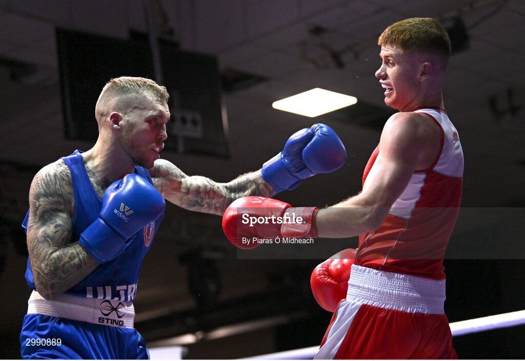 13 November 2024; Damien Creavin of Olympic BC Galway, left, in action against James McDonagh of St Paul's BC Waterford during the 67kg quarter-final bout at the IABA National Elite Boxing Championships 2025 Finals at the National Boxing Stadium in Dublin. Photo by Piaras Ó Mídheach/Sportsfile