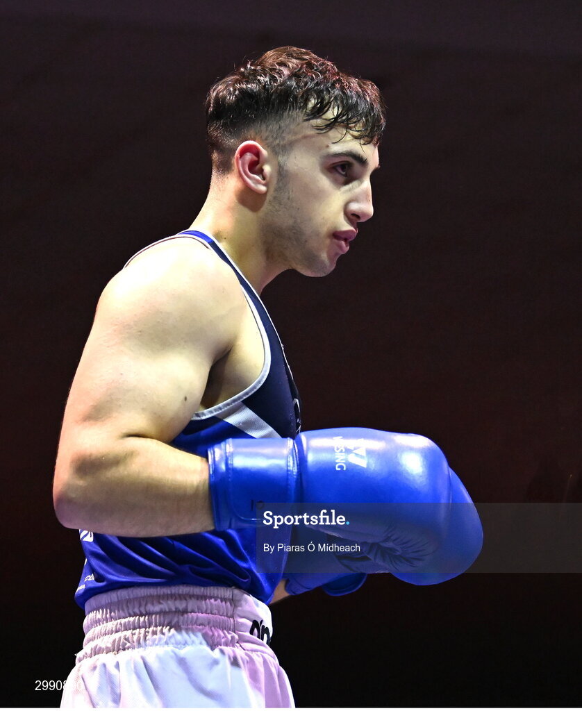 13 November 2024; Malo Davis of Monkstown BC, Dublin, in action against Cian Cramer of Cabra Boxing Club, Dublin, during the 67kg quarter-final bout at the IABA National Elite Boxing Championships 2025 Finals at the National Boxing Stadium in Dublin. Photo by Piaras Ó Mídheach/Sportsfile