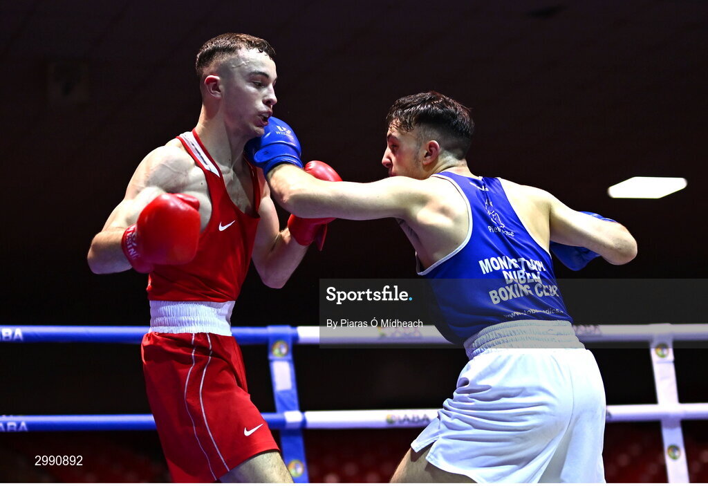 13 November 2024; Malo Davis of Monkstown BC, Dublin, right, in action against Cian Cramer of Cabra Boxing Club, Dublin, during the 67kg quarter-final bout at the IABA National Elite Boxing Championships 2025 Finals at the National Boxing Stadium in Dublin. Photo by Piaras Ó Mídheach/Sportsfile