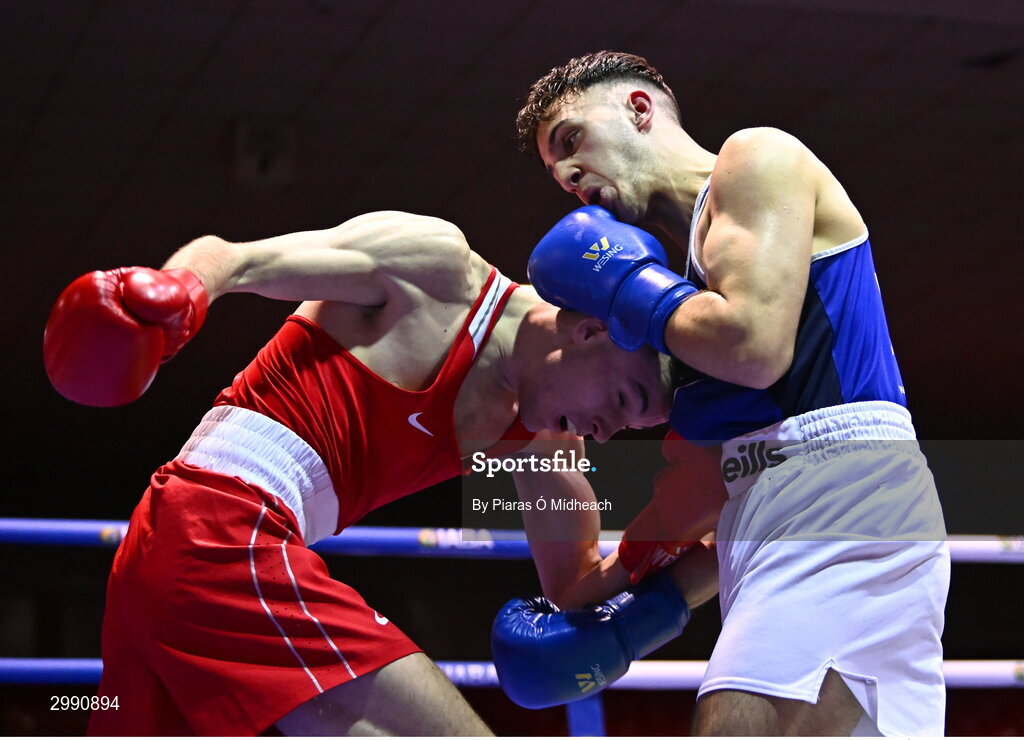 13 November 2024; Malo Davis of Monkstown BC, Dublin, right, in action against Cian Cramer of Cabra Boxing Club, Dublin, during the 67kg quarter-final bout at the IABA National Elite Boxing Championships 2025 Finals at the National Boxing Stadium in Dublin. Photo by Piaras Ó Mídheach/Sportsfile