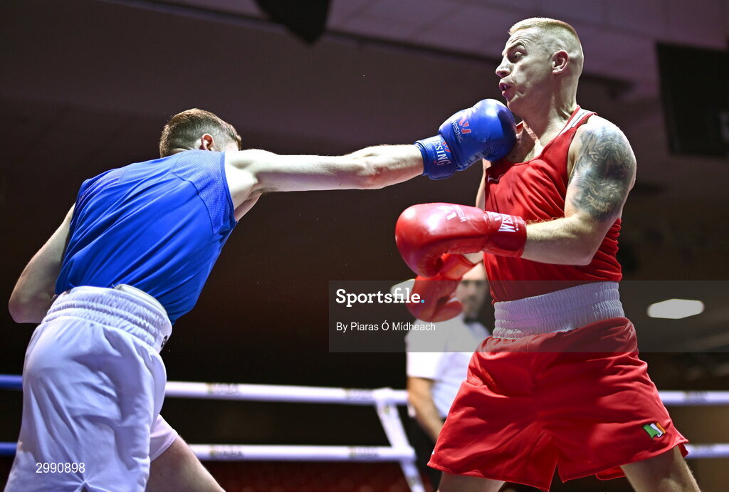 13 November 2024; Wayne Kelly of Ballynacargy BC Westmeath, right, in action against Darragh Gilroy of Fr Flanagan's BC, Kildare, during the 71kg semi-final bout at the IABA National Elite Boxing Championships 2025 Finals at the National Boxing Stadium in Dublin. Photo by Piaras Ó Mídheach/Sportsfile