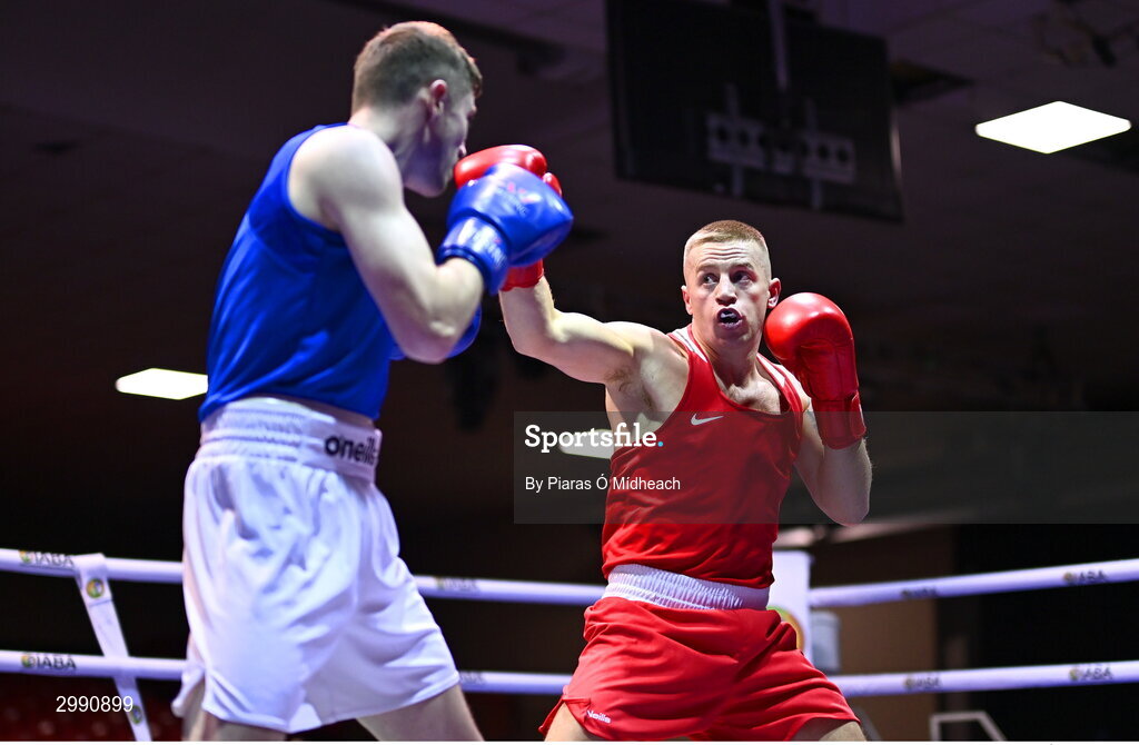 13 November 2024; Wayne Kelly of Ballynacargy BC Westmeath, right, in action against Darragh Gilroy of Fr Flanagan's BC, Kildare, during the 71kg semi-final bout at the IABA National Elite Boxing Championships 2025 Finals at the National Boxing Stadium in Dublin. Photo by Piaras Ó Mídheach/Sportsfile