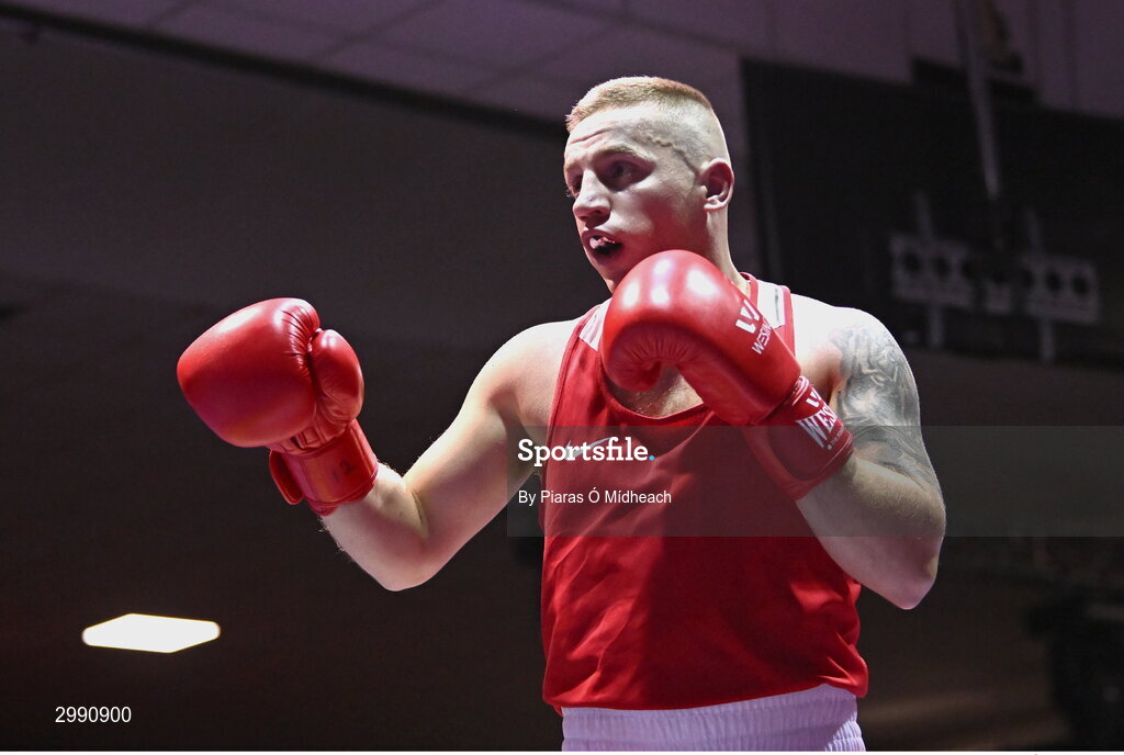 13 November 2024; Wayne Kelly of Ballynacargy BC Westmeath, in action against Darragh Gilroy of Fr Flanagan's BC, Kildare, during the 71kg semi-final bout at the IABA National Elite Boxing Championships 2025 Finals at the National Boxing Stadium in Dublin. Photo by Piaras Ó Mídheach/Sportsfile