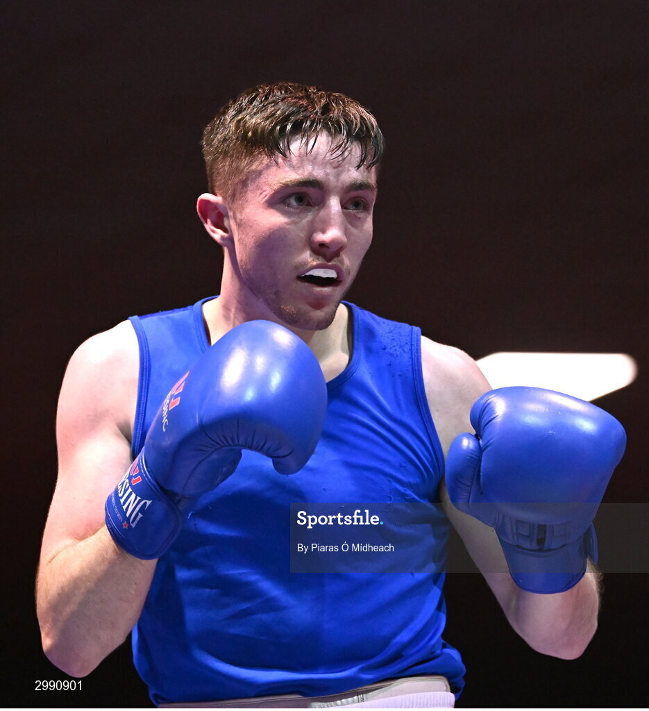 13 November 2024; Darragh Gilroy of Fr Flanagan's BC, Kildare, in action against Wayne Kelly of Ballynacargy BC Westmeath during the 71kg semi-final bout at the IABA National Elite Boxing Championships 2025 Finals at the National Boxing Stadium in Dublin. Photo by Piaras Ó Mídheach/Sportsfile