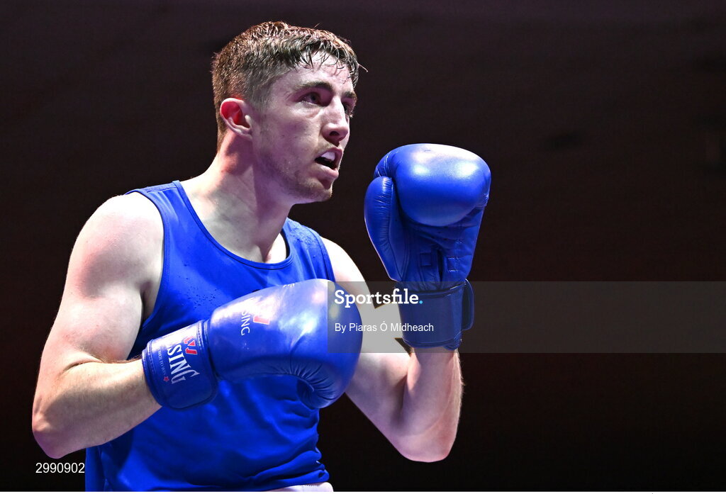 13 November 2024; Darragh Gilroy of Fr Flanagan's BC, Kildare, in action against Wayne Kelly of Ballynacargy BC Westmeath during the 71kg semi-final bout at the IABA National Elite Boxing Championships 2025 Finals at the National Boxing Stadium in Dublin. Photo by Piaras Ó Mídheach/Sportsfile