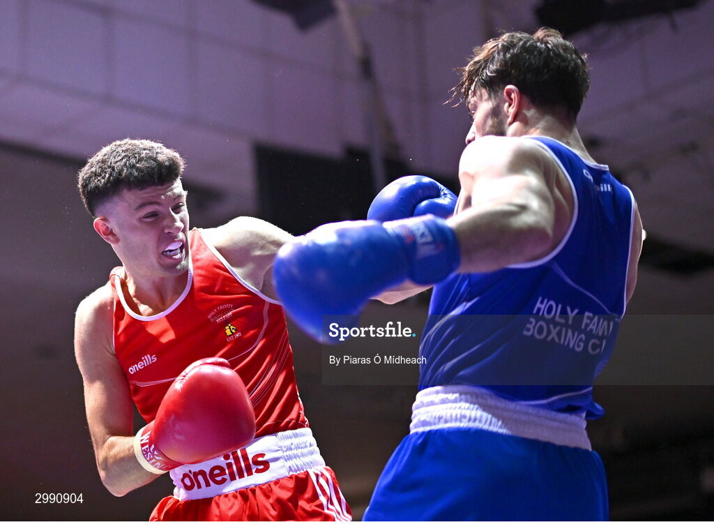 13 November 2024; Jon McConnell of Holy Trinity BC Belfast, left, in action against Eugene McKeever of Holy Family BC Drogheda, Louth, during the 71kg semi-final bout at the IABA National Elite Boxing Championships 2025 Finals at the National Boxing Stadium in Dublin. Photo by Piaras Ó Mídheach/Sportsfile