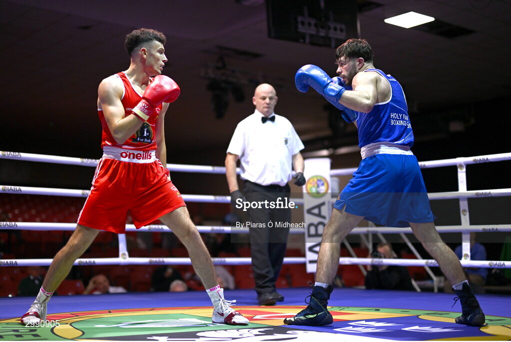 13 November 2024; Jon McConnell of Holy Trinity BC Belfast, left, in action against Eugene McKeever of Holy Family BC Drogheda, Louth, during the 71kg semi-final bout at the IABA National Elite Boxing Championships 2025 Finals at the National Boxing Stadium in Dublin. Photo by Piaras Ó Mídheach/Sportsfile
