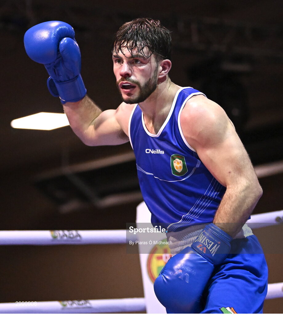13 November 2024; Eugene McKeever of Holy Family BC Drogheda, Louth, in action against Jon McConnell of Holy Trinity BC Belfast during the 71kg semi-final bout at the IABA National Elite Boxing Championships 2025 Finals at the National Boxing Stadium in Dublin. Photo by Piaras Ó Mídheach/Sportsfile