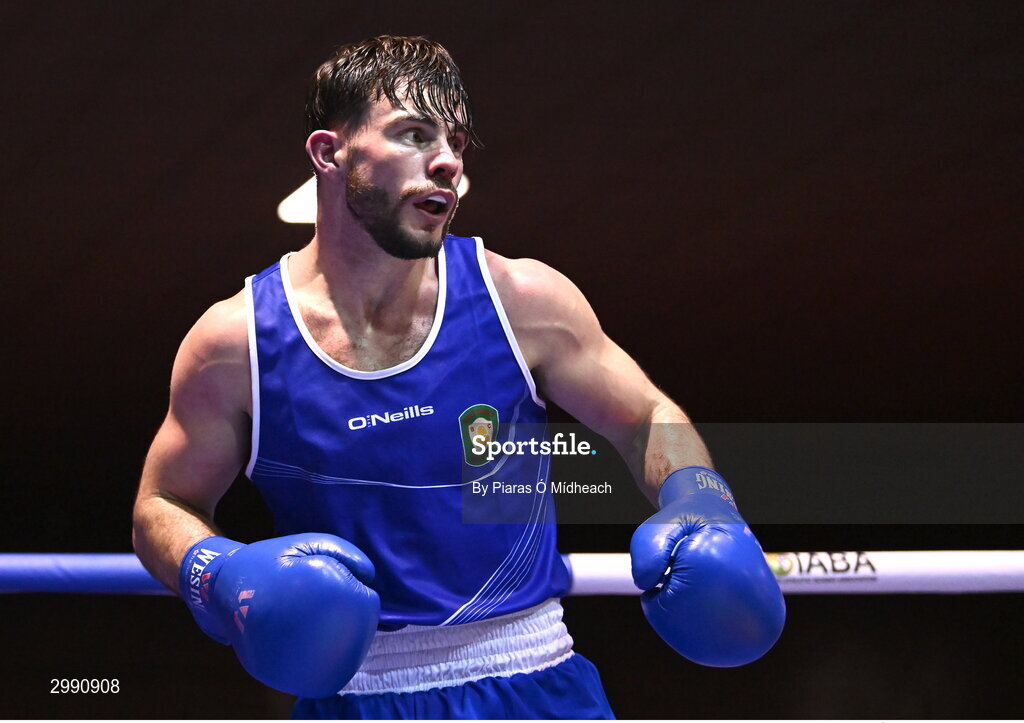 13 November 2024; Eugene McKeever of Holy Family BC Drogheda, Louth, in action against Jon McConnell of Holy Trinity BC Belfast during the 71kg semi-final bout at the IABA National Elite Boxing Championships 2025 Finals at the National Boxing Stadium in Dublin. Photo by Piaras Ó Mídheach/Sportsfile