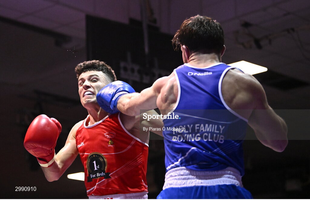13 November 2024; Eugene McKeever of Holy Family BC Drogheda, Louth, right, in action against Jon McConnell of Holy Trinity BC Belfast during the 71kg semi-final bout at the IABA National Elite Boxing Championships 2025 Finals at the National Boxing Stadium in Dublin. Photo by Piaras Ó Mídheach/Sportsfile