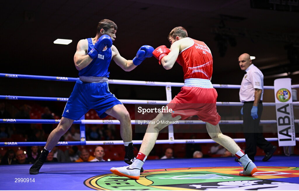 13 November 2024; Jack Brady of Crumlin BC Dublin, left, in action against Gavin Rafferty of Dublin Docklands BC during the 75kg semi-final bout at the IABA National Elite Boxing Championships 2025 Finals at the National Boxing Stadium in Dublin. Photo by Piaras Ó Mídheach/Sportsfile