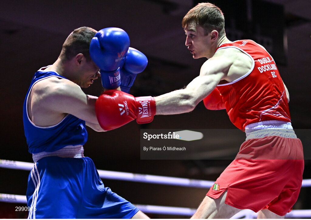 13 November 2024; Gavin Rafferty of Dublin Docklands BC, right, in action against Jack Brady of Crumlin BC Dublin, during the 75kg semi-final bout at the IABA National Elite Boxing Championships 2025 Finals at the National Boxing Stadium in Dublin. Photo by Piaras Ó Mídheach/Sportsfile
