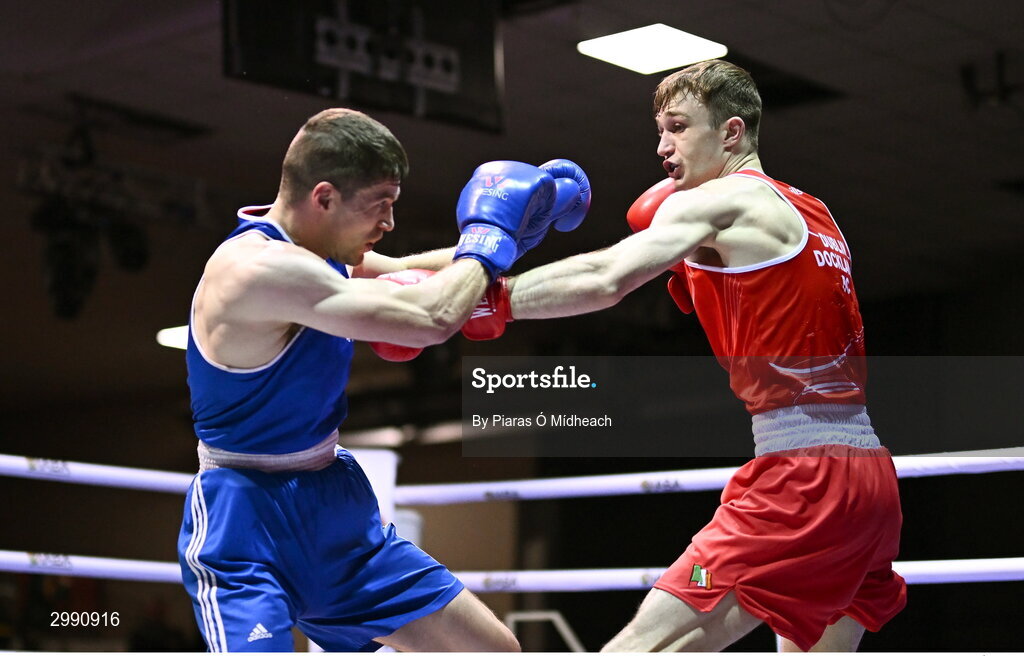 13 November 2024; Gavin Rafferty of Dublin Docklands BC, right, in action against Jack Brady of Crumlin BC Dublin, during the 75kg semi-final bout at the IABA National Elite Boxing Championships 2025 Finals at the National Boxing Stadium in Dublin. Photo by Piaras Ó Mídheach/Sportsfile