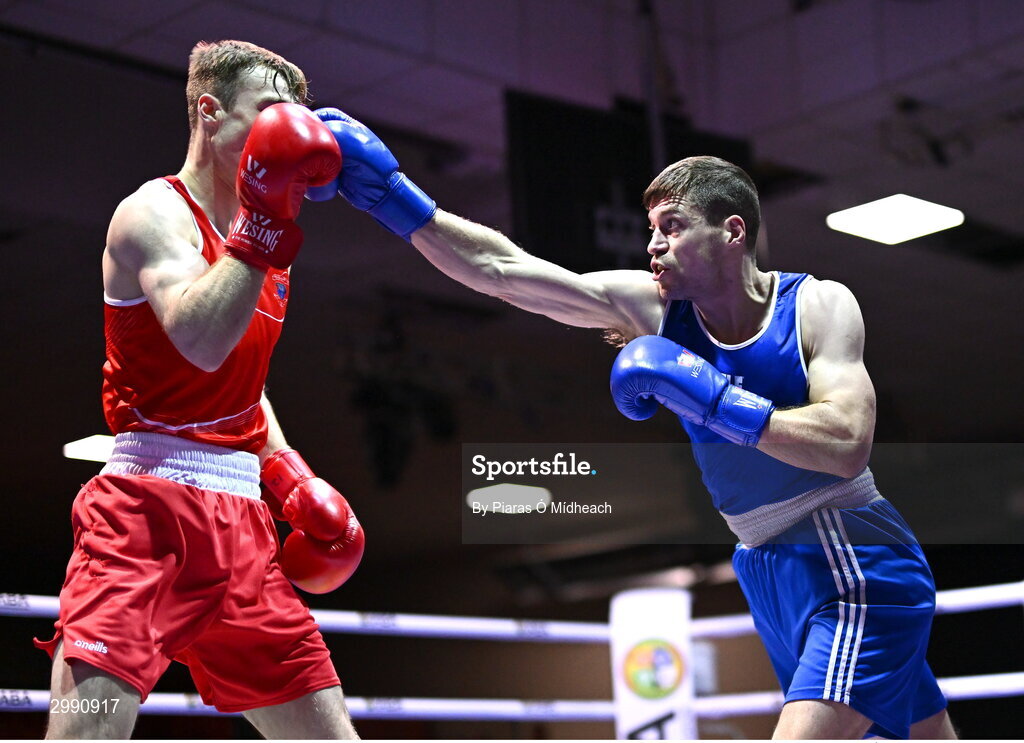 13 November 2024; Jack Brady of Crumlin BC Dublin, right, in action against Gavin Rafferty of Dublin Docklands BC during the 75kg semi-final bout at the IABA National Elite Boxing Championships 2025 Finals at the National Boxing Stadium in Dublin. Photo by Piaras Ó Mídheach/Sportsfile