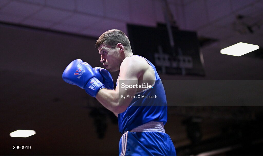 13 November 2024; Jack Brady of Crumlin BC Dublin in action against Gavin Rafferty of Dublin Docklands BC during the 75kg semi-final bout at the IABA National Elite Boxing Championships 2025 Finals at the National Boxing Stadium in Dublin. Photo by Piaras Ó Mídheach/Sportsfile
