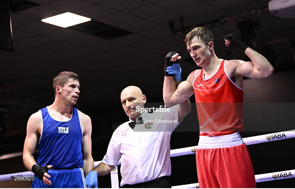 13 November 2024; Gavin Rafferty of Dublin Docklands BC, right, is declared the winner Jack Brady of Crumlin BC Dublin after the 75kg semi-final bout at the IABA National Elite Boxing Championships 2025 Finals at the National Boxing Stadium in Dublin. Photo by Piaras Ó Mídheach/Sportsfile