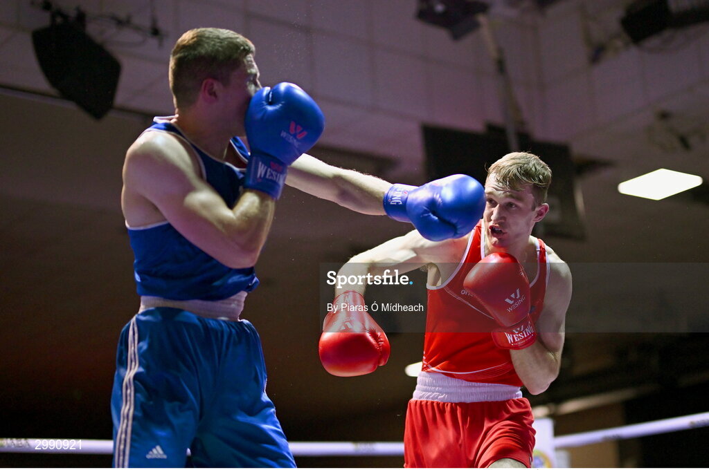13 November 2024; Gavin Rafferty of Dublin Docklands BC, right, in action against Jack Brady of Crumlin BC Dublin, during the 75kg semi-final bout at the IABA National Elite Boxing Championships 2025 Finals at the National Boxing Stadium in Dublin. Photo by Piaras Ó Mídheach/Sportsfile
