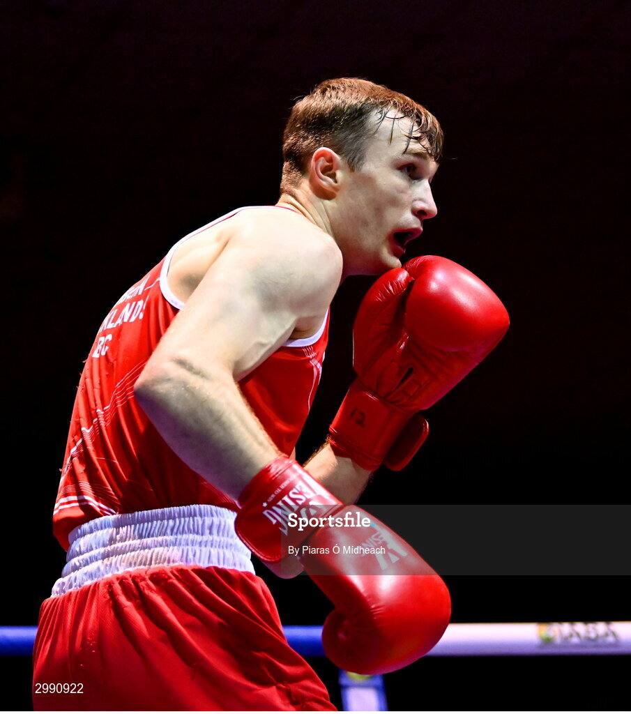 13 November 2024; Gavin Rafferty of Dublin Docklands BC in action against Jack Brady of Crumlin BC Dublin, during the 75kg semi-final bout at the IABA National Elite Boxing Championships 2025 Finals at the National Boxing Stadium in Dublin. Photo by Piaras Ó Mídheach/Sportsfile