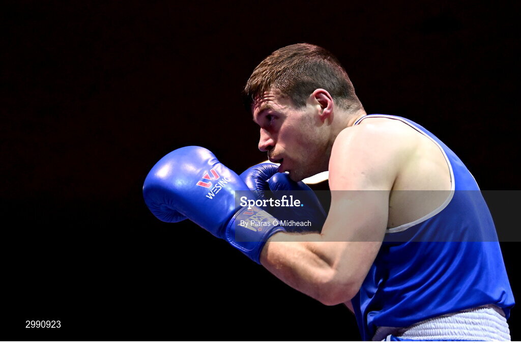 13 November 2024; Jack Brady of Crumlin BC Dublin in action against Gavin Rafferty of Dublin Docklands BC during the 75kg semi-final bout at the IABA National Elite Boxing Championships 2025 Finals at the National Boxing Stadium in Dublin. Photo by Piaras Ó Mídheach/Sportsfile