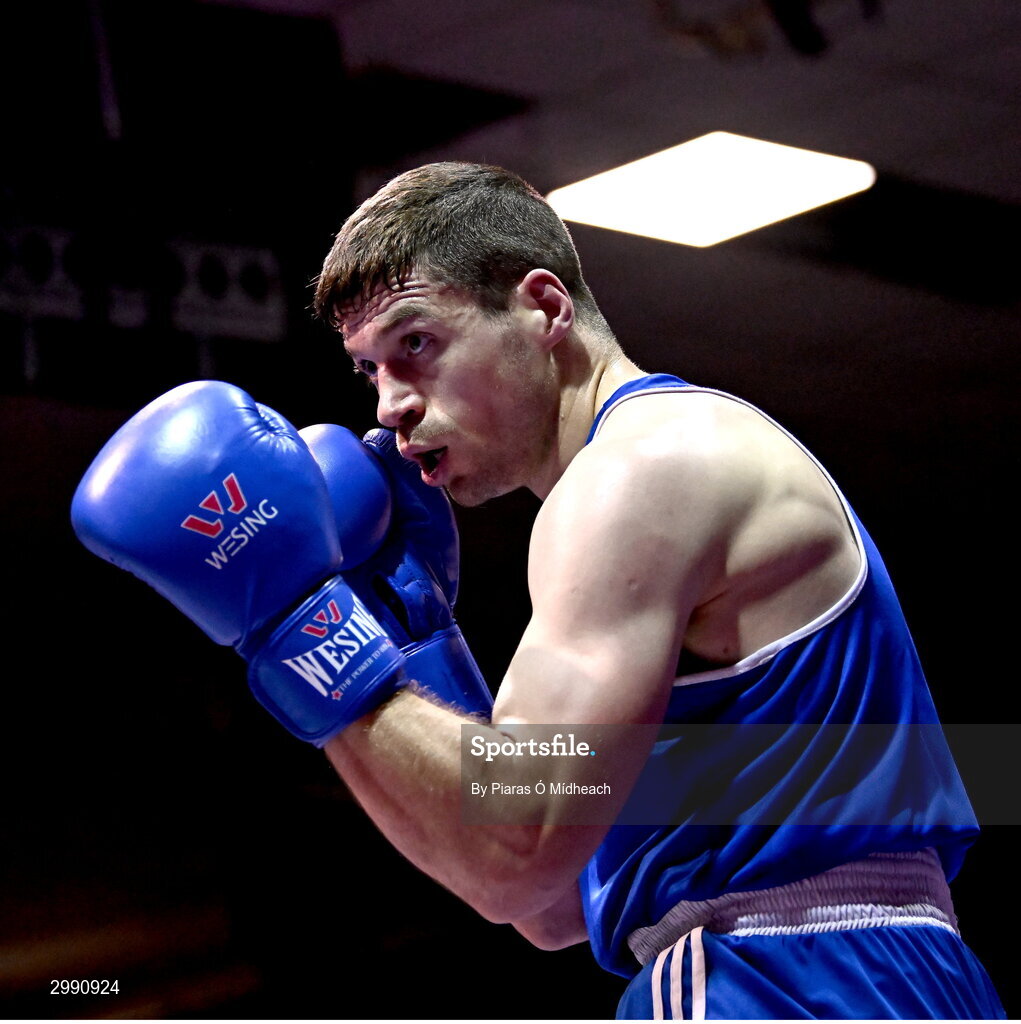 13 November 2024; Jack Brady of Crumlin BC Dublin in action against Gavin Rafferty of Dublin Docklands BC during the 75kg semi-final bout at the IABA National Elite Boxing Championships 2025 Finals at the National Boxing Stadium in Dublin. Photo by Piaras Ó Mídheach/Sportsfile