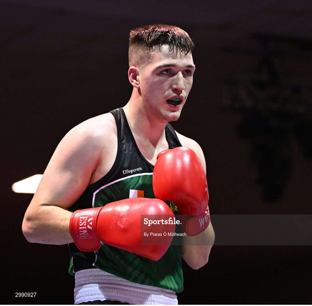 13 November 2024; TJ King of Ballyboughal/Defence Forces in action against Taylor Guiney of St Mary’s BC, Dublin, during the 75kg semi-final bout at the IABA National Elite Boxing Championships 2025 Finals at the National Boxing Stadium in Dublin. Photo by Piaras Ó Mídheach/Sportsfile