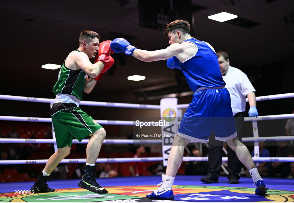 13 November 2024; TJ King of Ballyboughal/Defence Forces, left, in action against Taylor Guiney of St Mary’s BC, Dublin, during the 75kg semi-final bout at the IABA National Elite Boxing Championships 2025 Finals at the National Boxing Stadium in Dublin. Photo by Piaras Ó Mídheach/Sportsfile