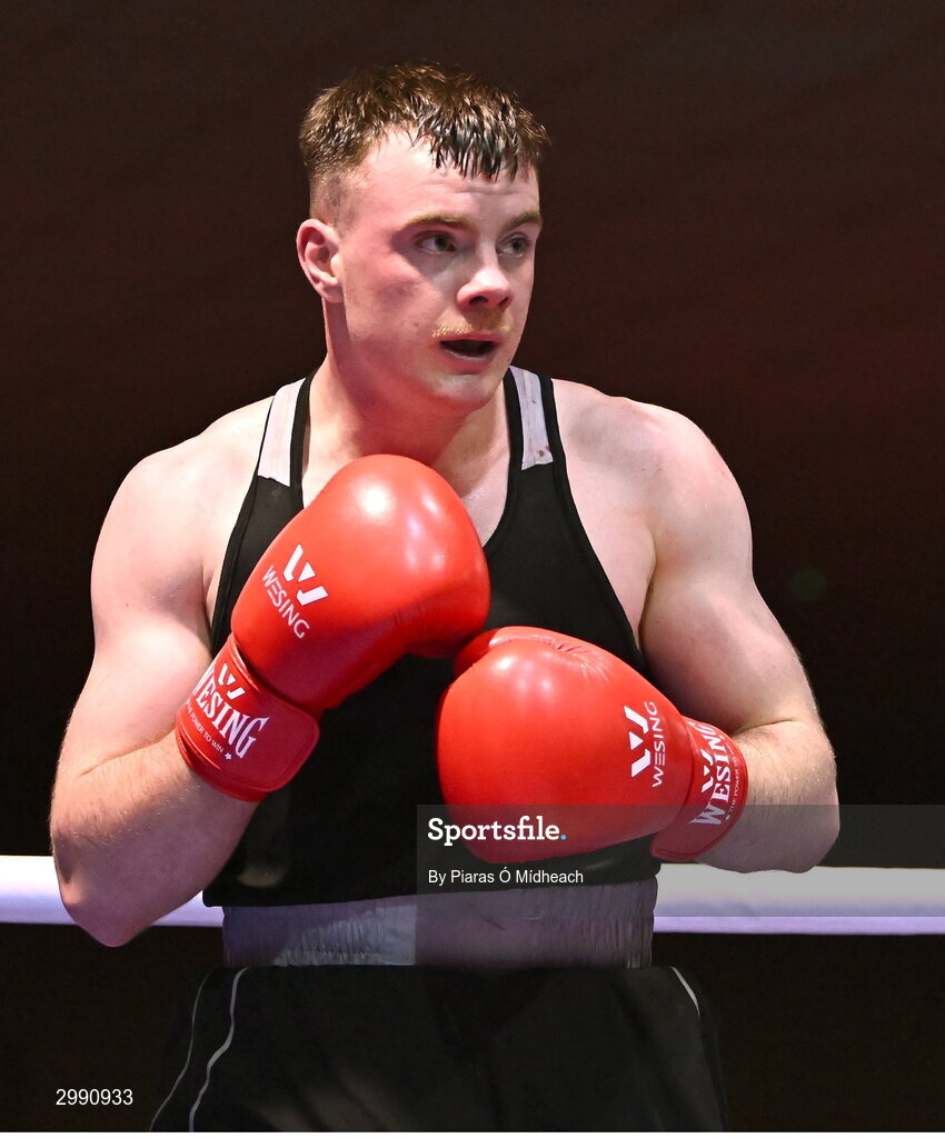 13 November 2024; Ryan Collins Murphy of St Monica's BC, Newry, in action against Jason Clancy of Sean McDermott BC, Leitrim, during the 86kg semi-final bout at the IABA National Elite Boxing Championships 2025 Finals at the National Boxing Stadium in Dublin. Photo by Piaras Ó Mídheach/Sportsfile