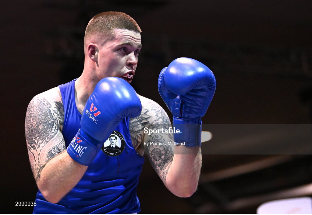13 November 2024; Jason Clancy of Sean McDermott BC, Leitrim, in action against Ryan Collins Murphy of St Monica's BC, Newry, during the 86kg semi-final bout at the IABA National Elite Boxing Championships 2025 Finals at the National Boxing Stadium in Dublin. Photo by Piaras Ó Mídheach/Sportsfile