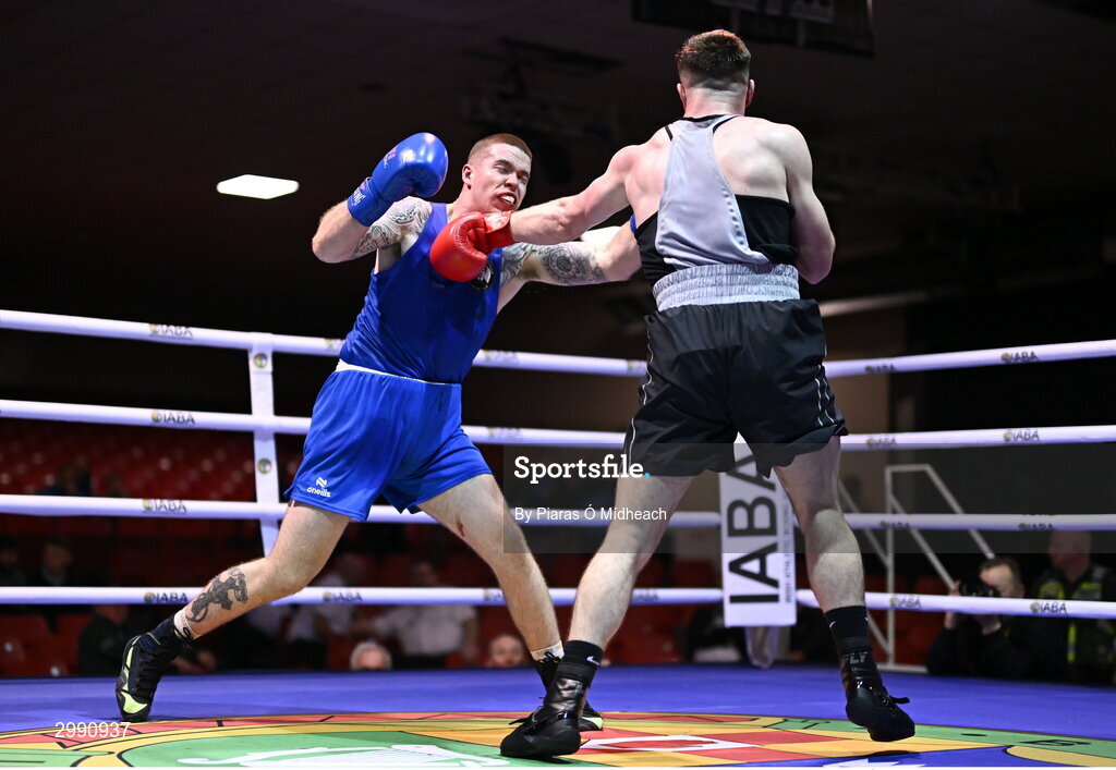 13 November 2024; Jason Clancy of Sean McDermott BC, Leitrim, left, in action against Ryan Collins Murphy of St Monica's BC, Newry, during the 86kg semi-final bout at the IABA National Elite Boxing Championships 2025 Finals at the National Boxing Stadium in Dublin. Photo by Piaras Ó Mídheach/Sportsfile